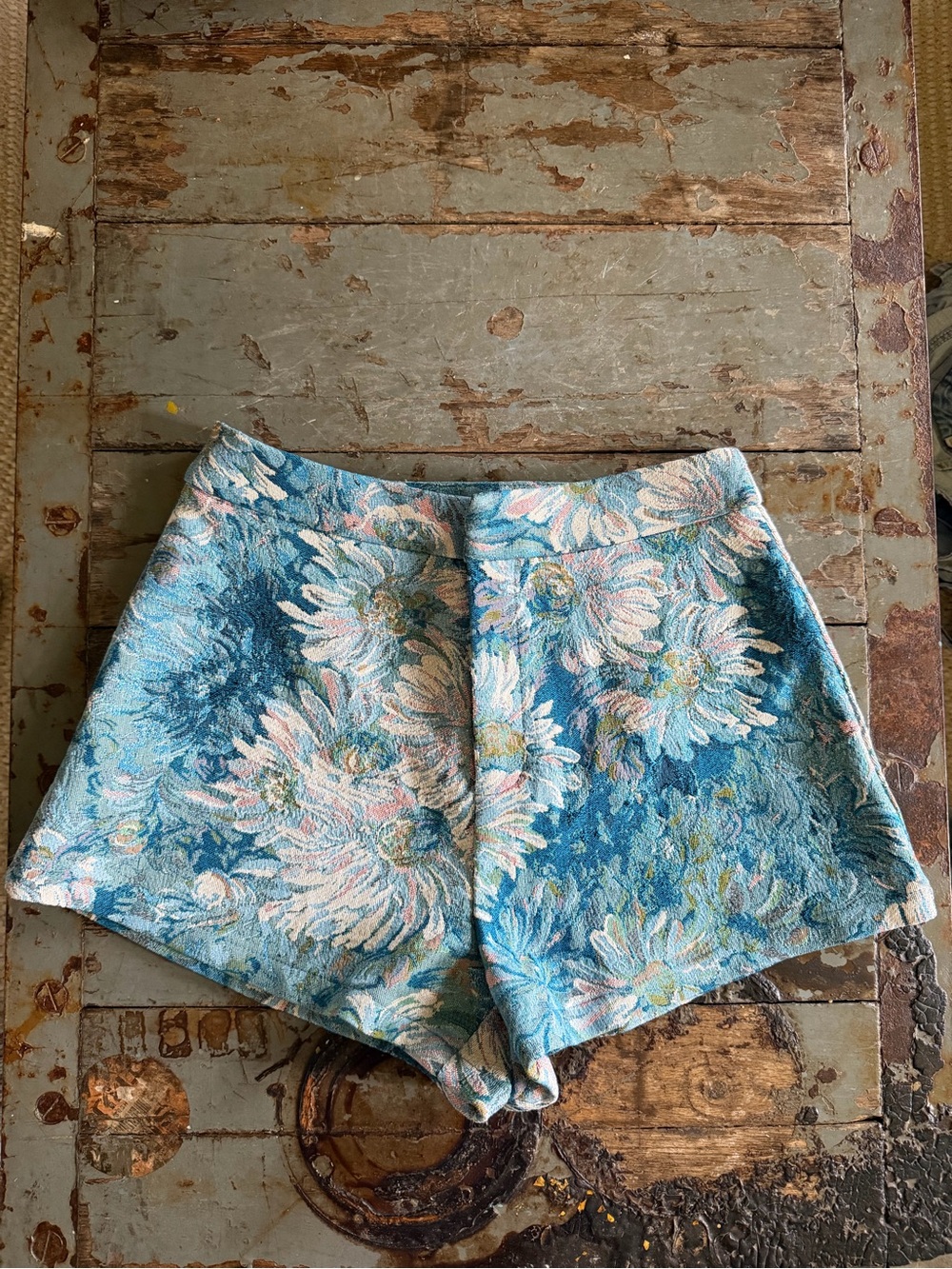 NWT Commense Blue Floral High-Waist Maximalist Brocade Shorts